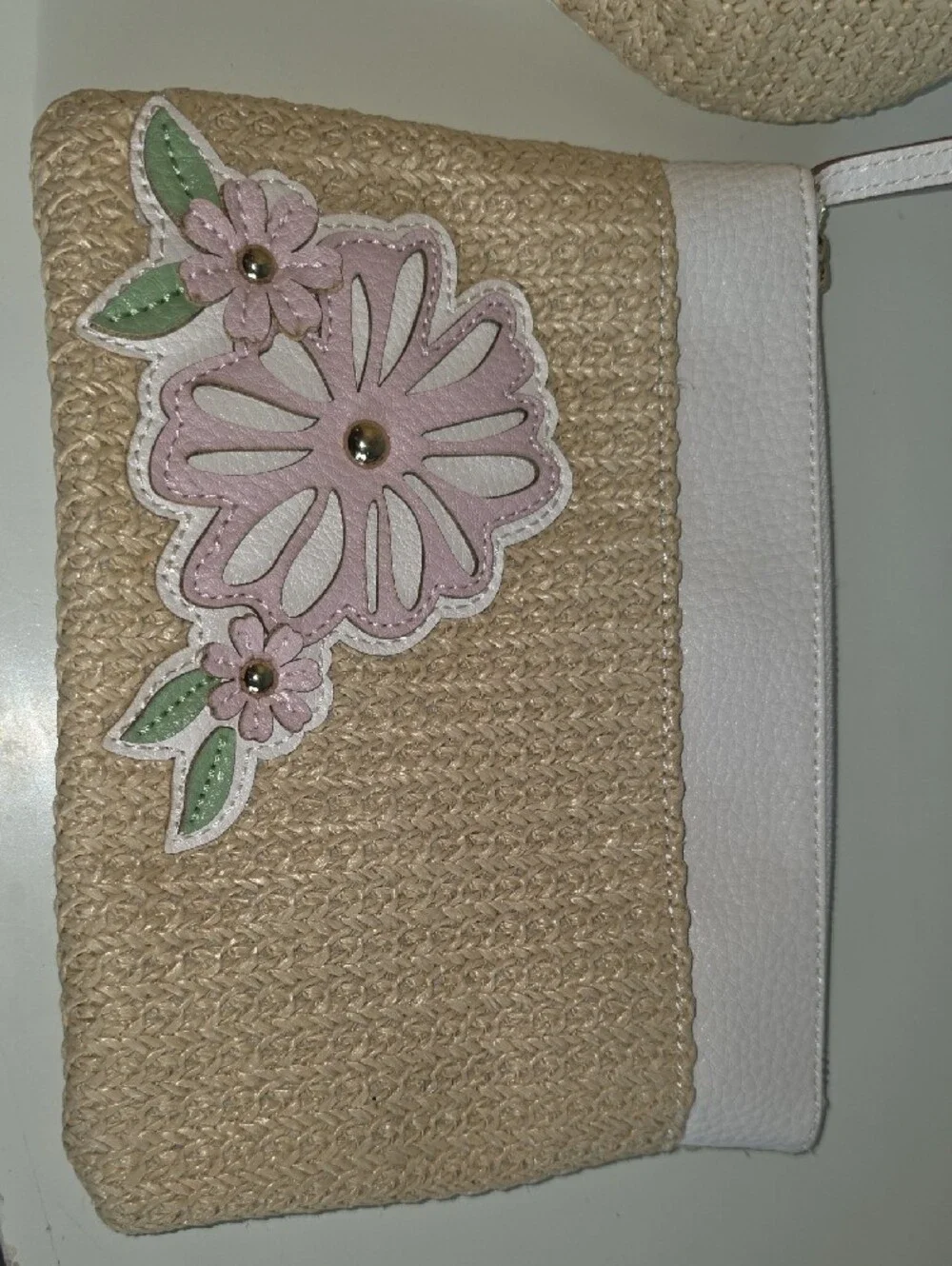 Anne Klein Beige Woven Tote with Floral Pouch and Colorful Scarf